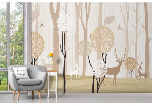 Stylized forest wallpaper with trees and deer 2