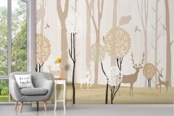 Stylized forest wallpaper with trees and deer
