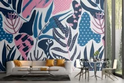 Modern abstract nature wallpaper with leaves and flowers