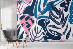 Modern abstract nature wallpaper with leaves and flowers