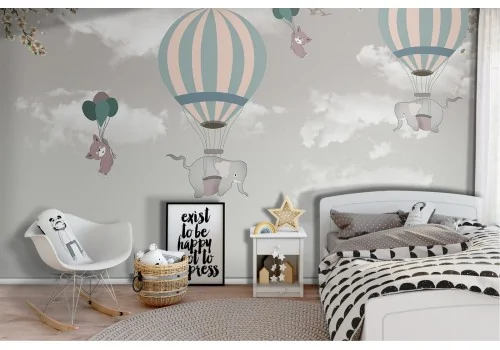 Carta da Parati mongolfiere e animali illustrazione bambini