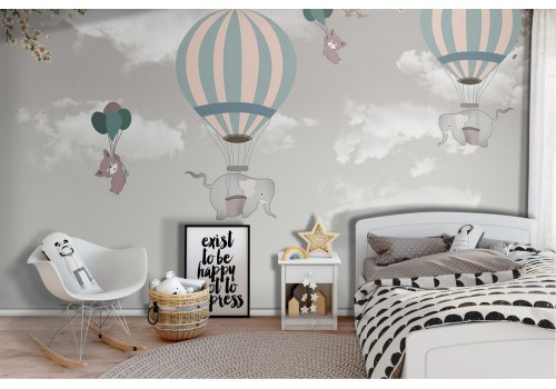 Wallpaper hot air balloons and animals children's illustration