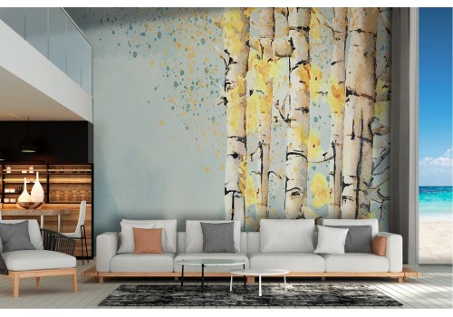 Oriental trees forest landscape painted wallpaper