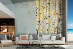 Oriental trees forest landscape painted wallpaper