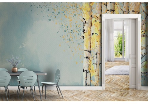 Oriental trees forest landscape painted wallpaper 2