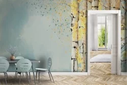 Oriental trees forest landscape painted wallpaper