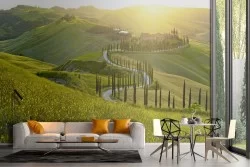 Wallpaper landscape hills with tree-lined avenue