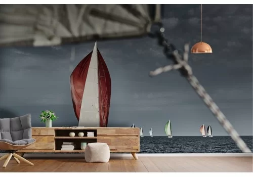 Carta da Parati paesaggio mare tempesta con barche