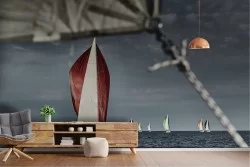 Carta da Parati paesaggio mare tempesta con barche