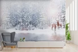 Carta da Parati paesaggio montagna lago neve animali