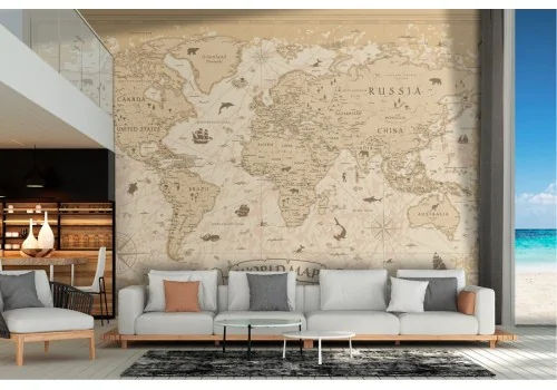 Stylized world map wallpaper with animals