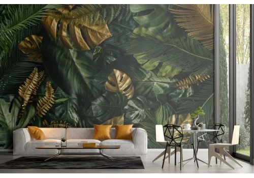 Carta da Parati foglie tropicali verde e oro natura