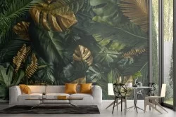 Carta da Parati foglie tropicali verde e oro natura