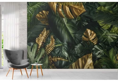 Carta da Parati foglie tropicali verde e oro natura 2