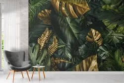 Carta da Parati foglie tropicali verde e oro natura