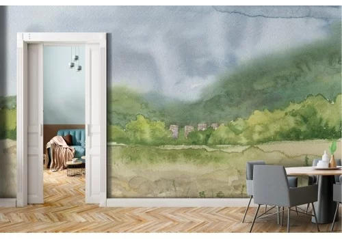 Carta da Parati prato e colline paesaggio natura acquerello