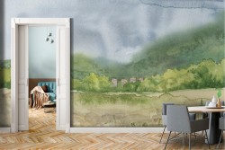 Carta da Parati prato e colline paesaggio natura acquerello