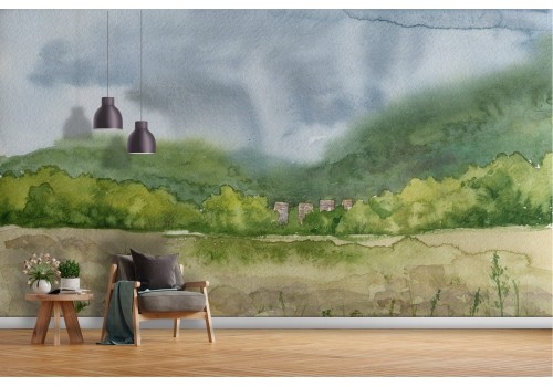 Wallpaper grass and hills nature landscape watercolor 2