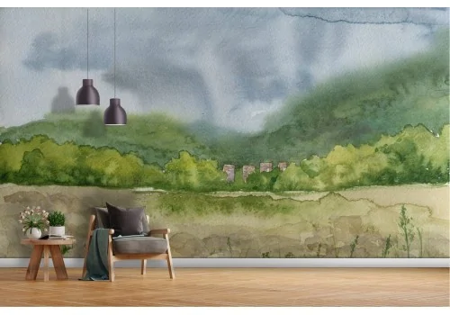 Wallpaper grass and hills nature landscape watercolor 2