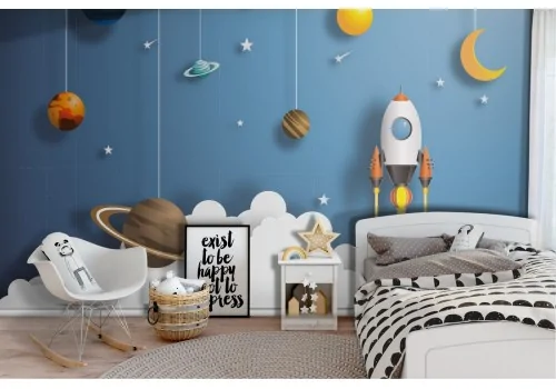 Carta da Parati razzi e pianeti decorazione bambini