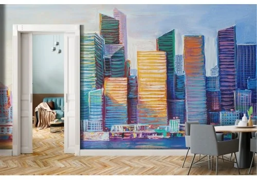 Wallpaper skyscrapers painted city on the sea