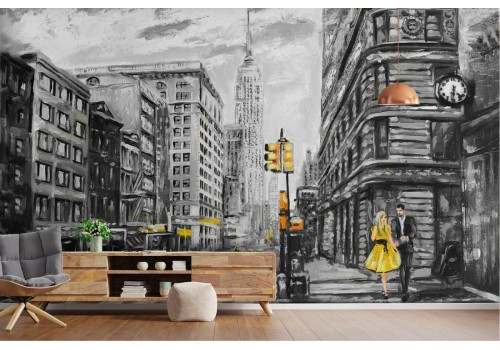 Wallpaper painted city New York taxi