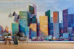Wallpaper skyscrapers painted city on the sea