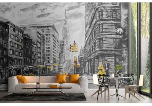 Wallpaper painted city New York taxi 2