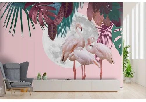 Flamingo and abstract tropical leaves wallpaper