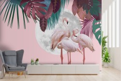 Flamingo and abstract tropical leaves wallpaper