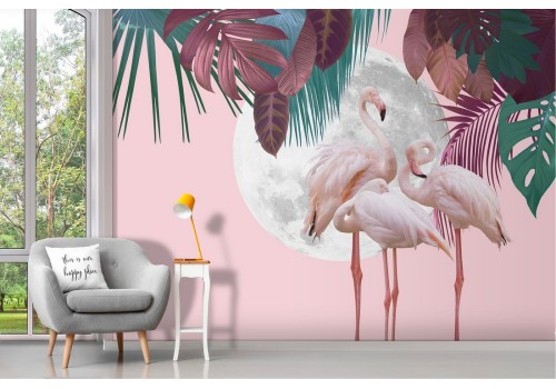 Flamingo and abstract tropical leaves wallpaper 2
