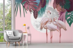 Flamingo and abstract tropical leaves wallpaper
