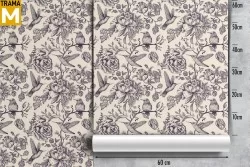 Wallpaper with little birds and vintage nature flowers