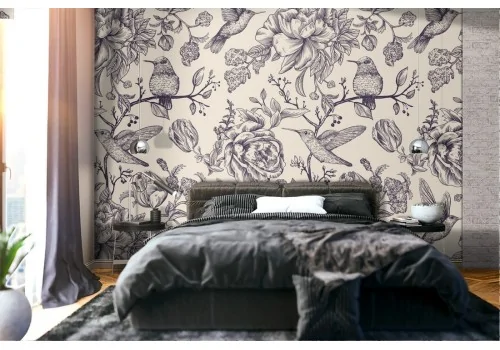 Wallpaper with little birds and flowers in vintage nature style