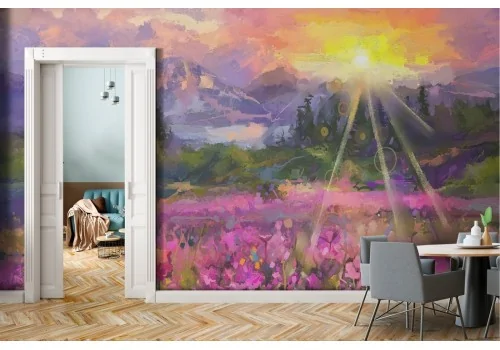 Wallpaper painted field of flowers meadow nature