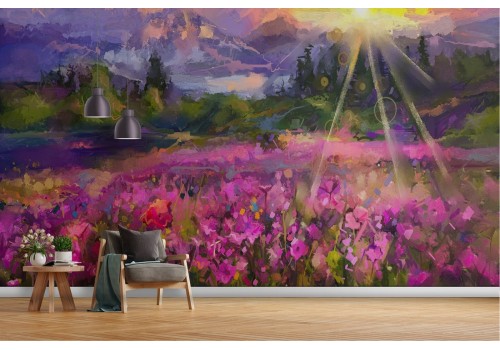 Wallpaper painted field of flowers meadow nature 2
