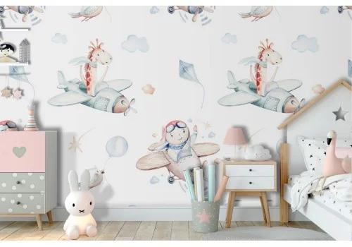 Carta da Parati Bambini Decorazioni e Pattern Razzi aerei mongolfiere