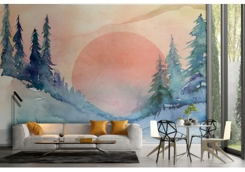 Wallpaper painted sunset in the forest