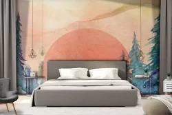 Wallpaper painted sunset in the forest