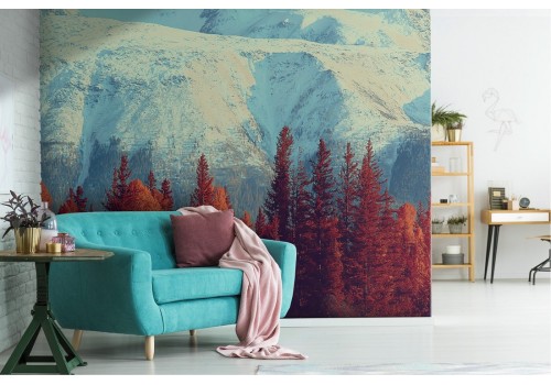 Wallpaper red trees snowy mountains