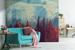 Carta da Parati alberi rossi montagne innevate