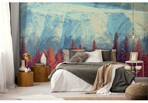 Wallpaper red trees snowy mountains 2