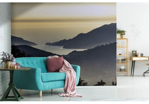 Wallpaper lake between mountains forest landscape