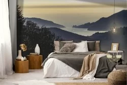 Wallpaper lake between mountains forest landscape