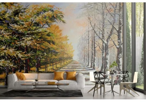 Wallpaper painted tree-lined avenue nature