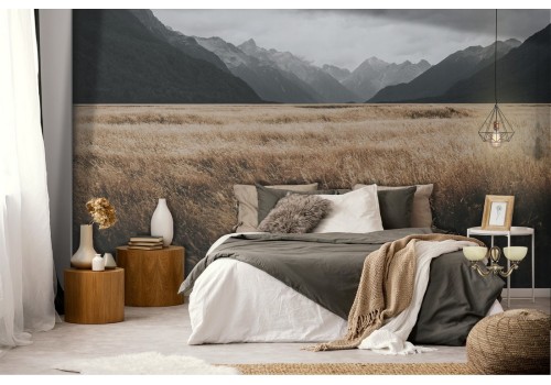 Wallpaper wheat field between mountains landscape nature 2