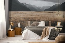 Wallpaper wheat field between mountains landscape nature