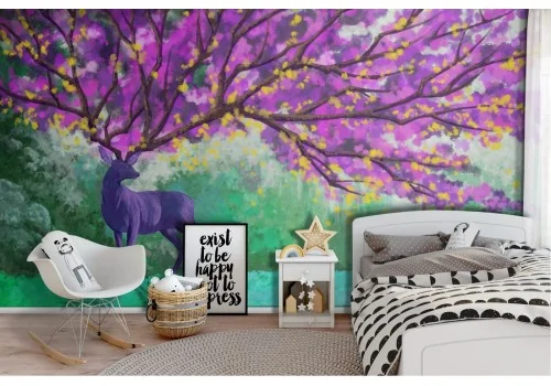 Wallpaper painted animals deer tree
