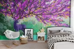 Wallpaper painted animals deer tree