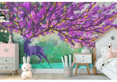 Wallpaper painted animals deer tree 2